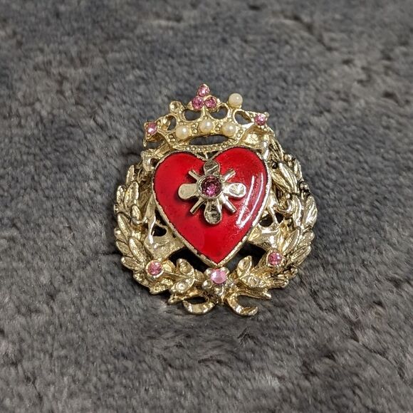 Vtg/Rare 1950s CORO Goldtone, Enamel, Brooche w/ Rhinestone & Seed Pearl Accents - Picture 4 of 13